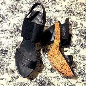 DONNA KARAN Sz 37.5  Chunky Heel Platform Strappy Leather & Elastic Sandals